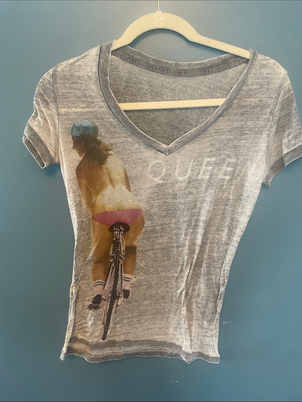 Chaser Gray Queen V-Neck Tee with Graphic Biker Girl